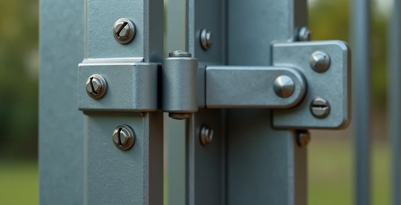 Schéma réaliste d'un portillon en aluminium avec ses gonds et crapaudines bien fixés sur un pilier adapté