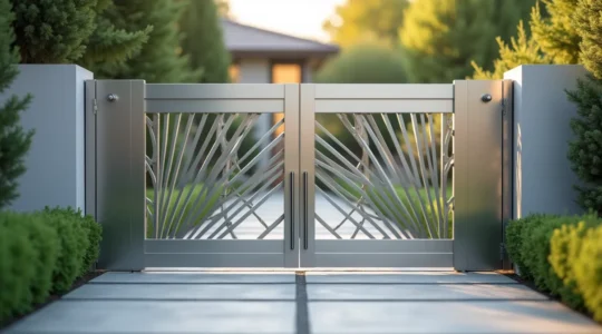 Vue en gros plan d'un portillon en aluminium moderne et sécurisé à l'entrée d'une maison contemporaine