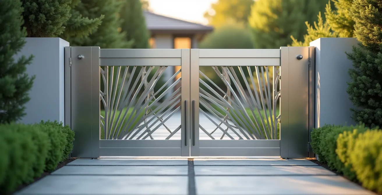 Vue en gros plan d'un portillon en aluminium moderne et sécurisé à l'entrée d'une maison contemporaine