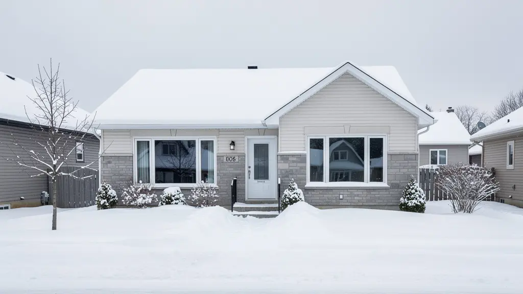 Maison québécoise typique en hiver avec fenêtres visibles