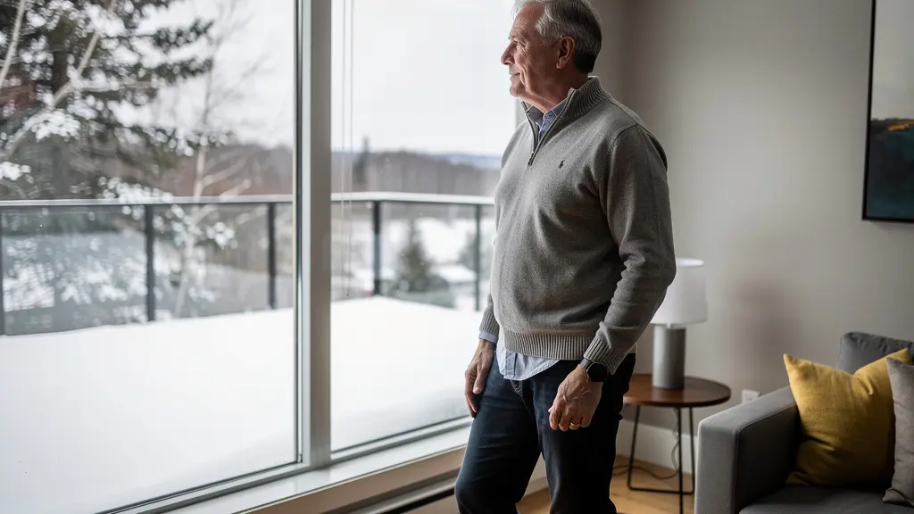Propriétaire québécois observant la neige depuis sa fenêtre moderne