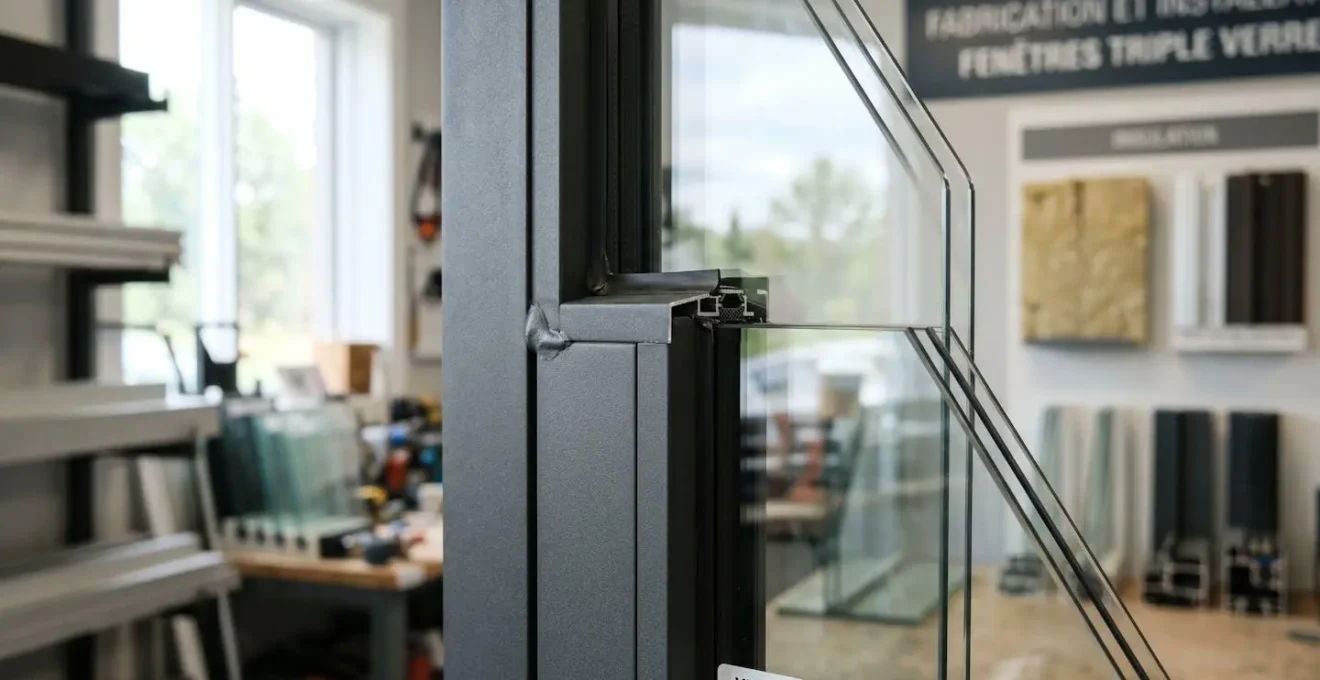 Détail d'un cadre de fenêtre en aluminium anthracite montrant la jonction profilé-vitrage et la finition mate du matériau