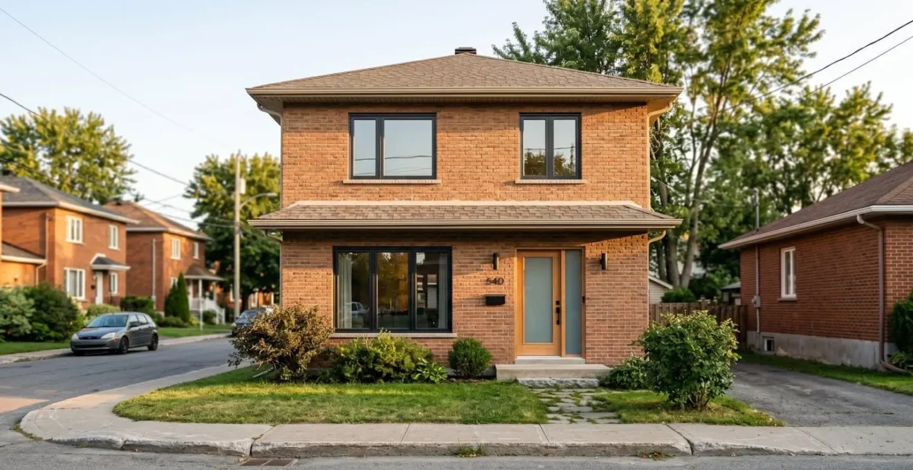 Façade de maison en brique rénovée avec grandes fenêtres anthracite et porte contemporaine bois-verre dans un quartier résidentiel de la Rive-Sud de Montréal