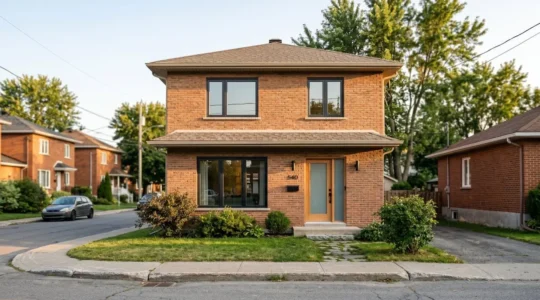 Façade de maison en brique rénovée avec grandes fenêtres anthracite et porte contemporaine bois-verre dans un quartier résidentiel de la Rive-Sud de Montréal