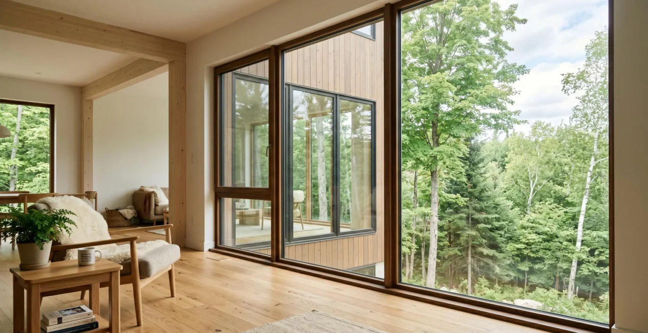 Vue intérieure d'une grande fenêtre triple vitrage laissant entrer une lumière naturelle abondante dans un intérieur résidentiel québécois